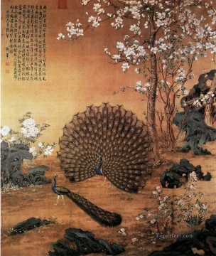 花 鳥 Painting - ラングシャイニングプラウダサ孔雀古い中国の墨ジュゼッペ・カスティリオーネの鳥